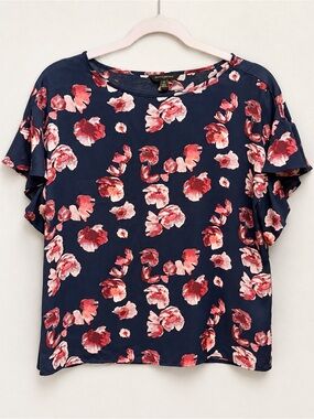 Banana Republic Navy Floral Short Sleeve Blouse - Pink/Burgundy Floral Print